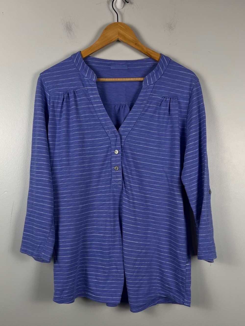 Fresh produce Ocean Stripe Buttonside Henley in Peri purple white size large - Picture 2 of 9